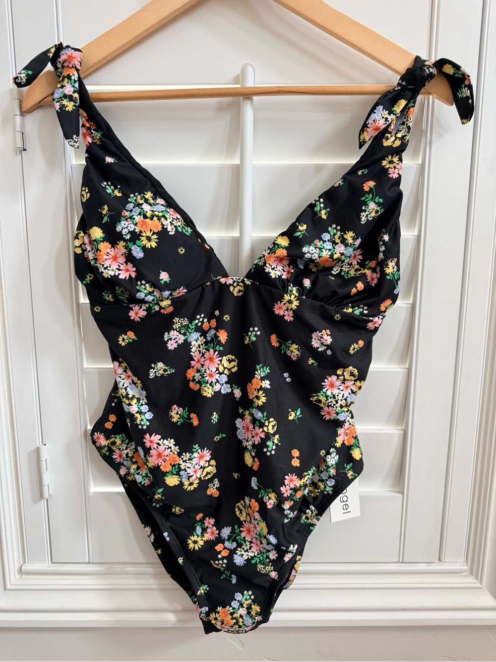 Floral Tie-Shoulder One-Piece Swimsuit - Black - Size Medium